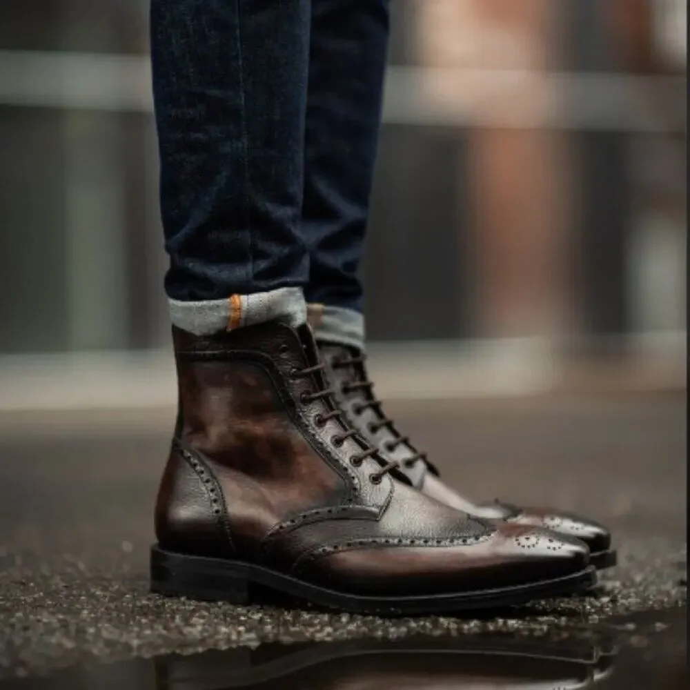MEN'S Brown Leather Lace Up Wingtip Brogues Ankle Boot Dress Shoes - SIZE 10.5